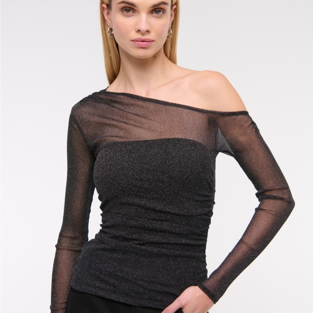 Abercrombie & Fitch Long-Sleeve Asymmetrical Draped Mesh Top